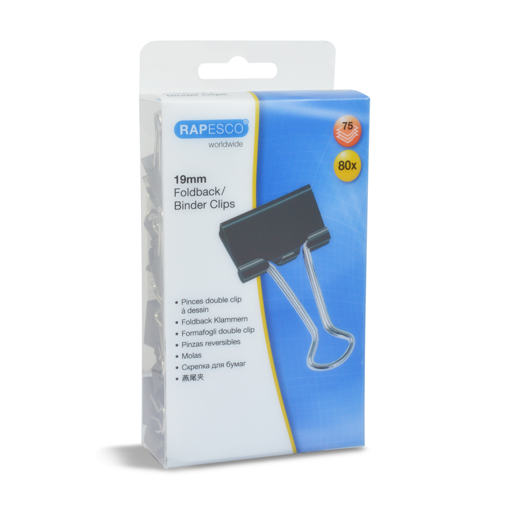 19mm Foldback Clips - Black - Pack of 80 - Rapesco Worldwide