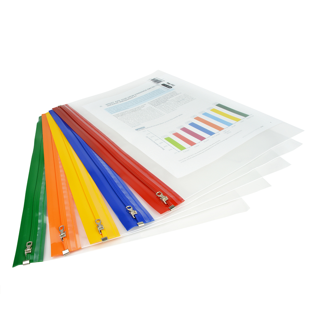 Zippi Bag with Metal Zip A4+ - Clear with Assorted Bright Coloured Zip Strips - Pack of 5