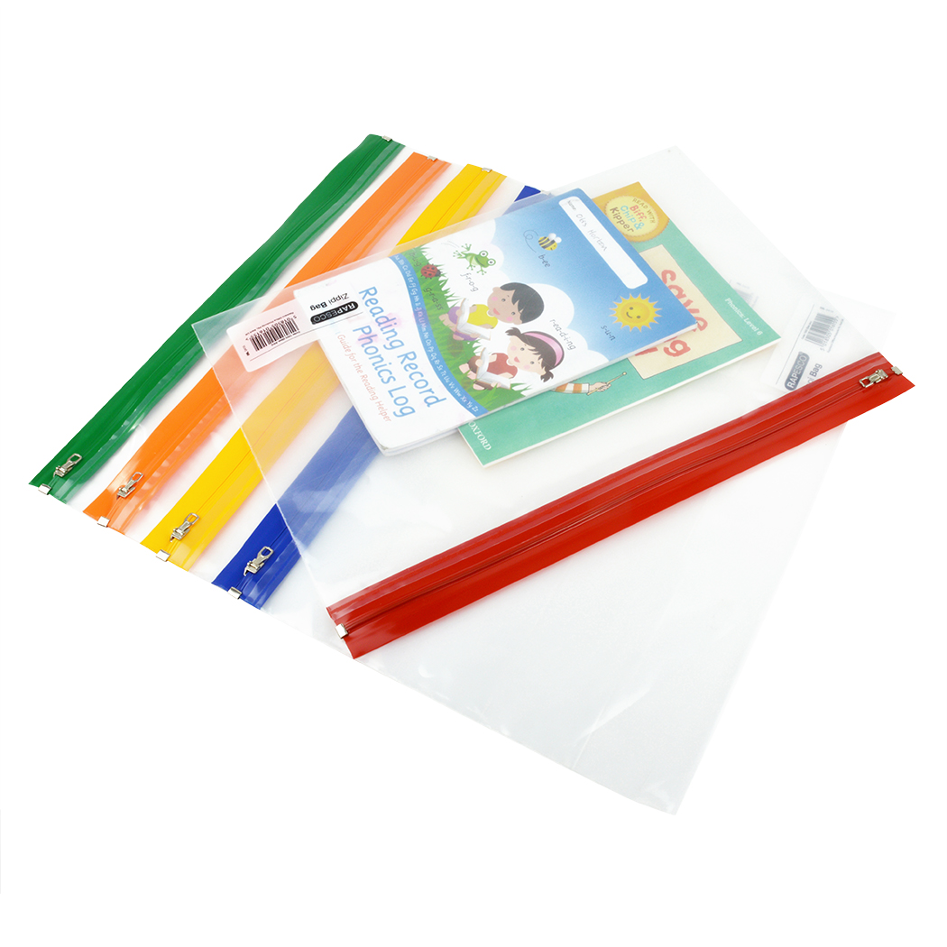 Zippi Bag with Metal Zip A4+ - Clear with Assorted Bright Coloured Zip Strips - Pack of 5 - Image 3