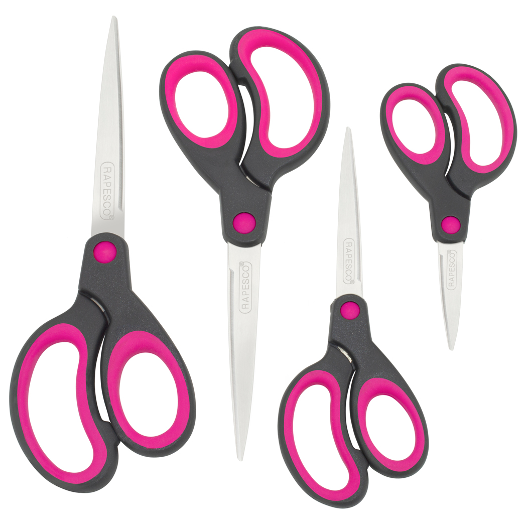 Soft Grip Handle Scissors - Black/Hot Pink - Set of 4 - Rapesco Worldwide
