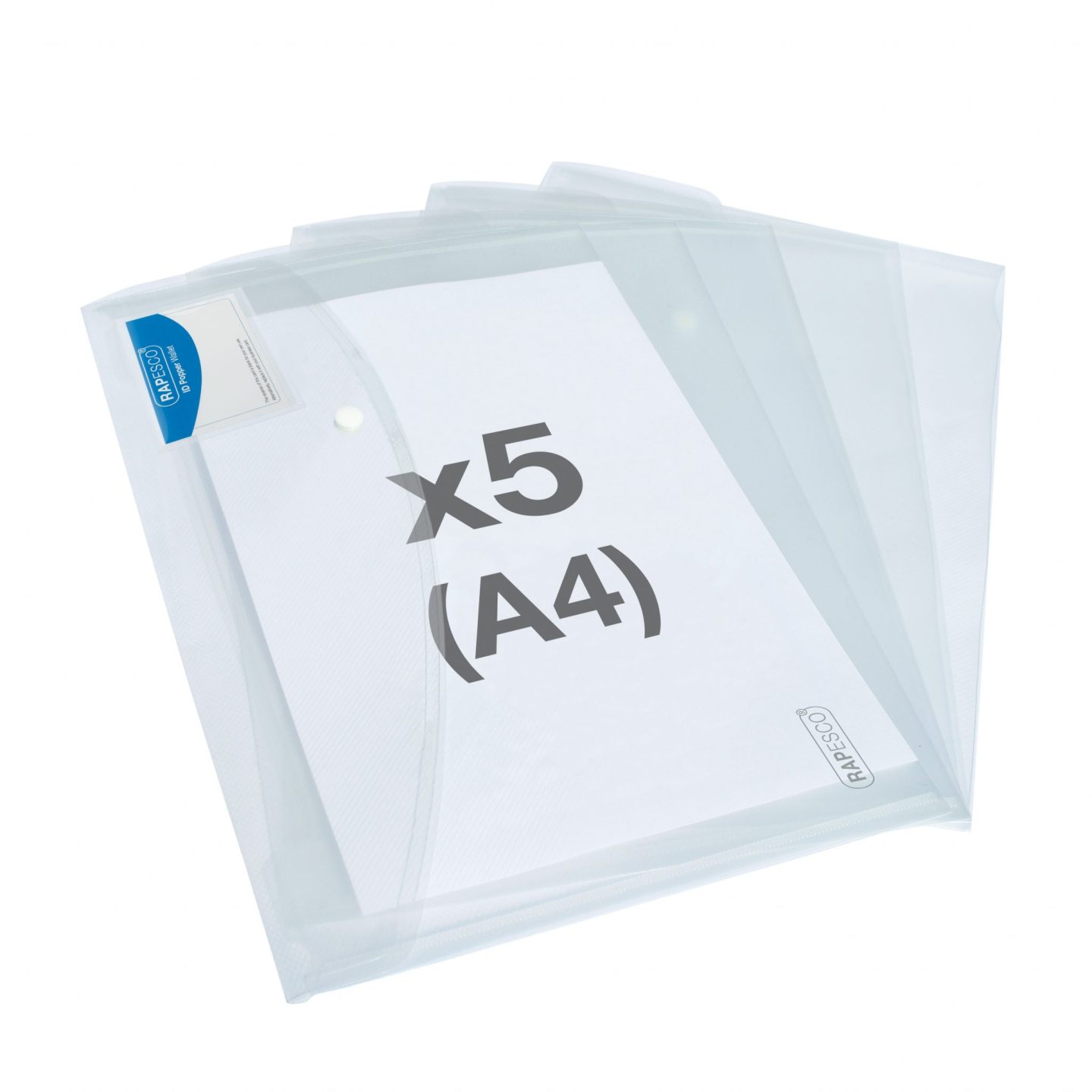 ECO Recycled A4 ID Popper Wallet - Clear - Pack of 5 - Rapesco Worldwide