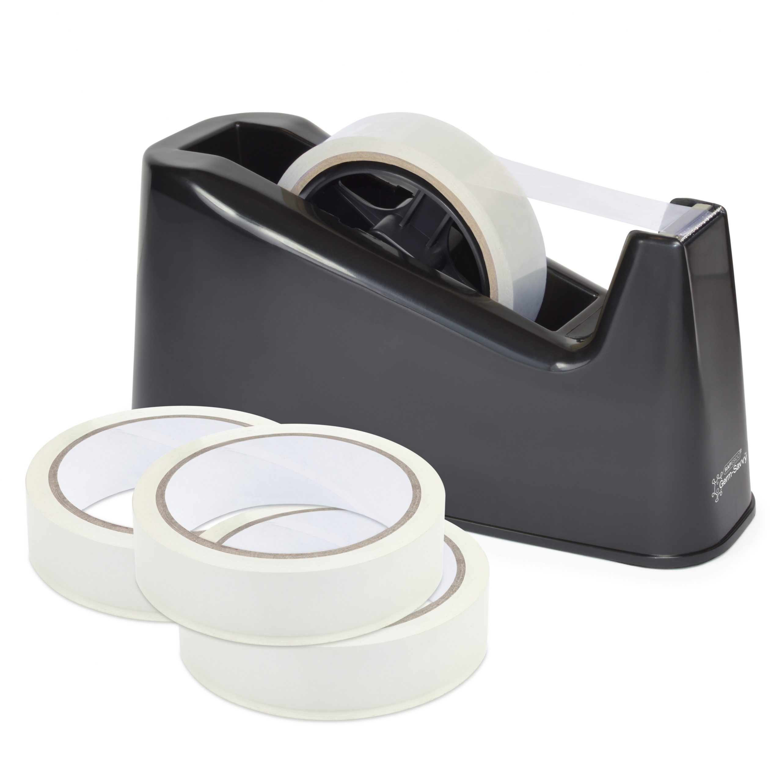 Germ-Savvy® Antibacterial 500 Heavy Duty Tape Dispenser with 4 Rolls of Tape  - Black - Rapesco Worldwide