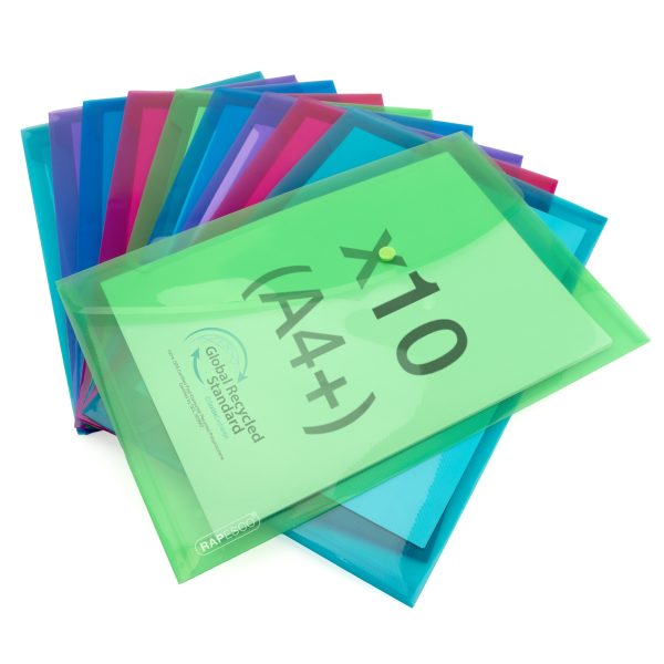 ECO GRS Recycled A4+ Popper Wallet - Assorted Bright Transparent - Pack of 10