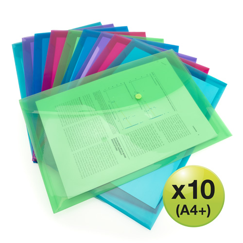 ECO GRS Recycled A4+ Popper Wallet - Assorted Bright Transparent - Pack of 10 - Image 2