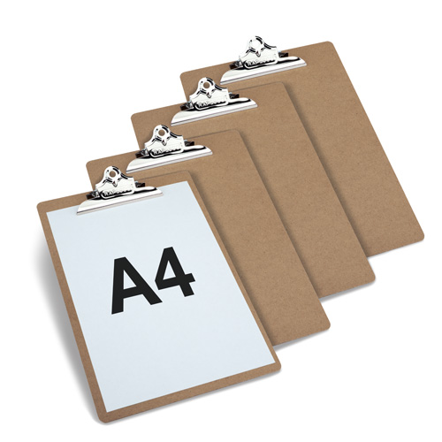 Business Pack: Pack of 4 Heavy Duty Hardboard Clipboard A4 - Brown