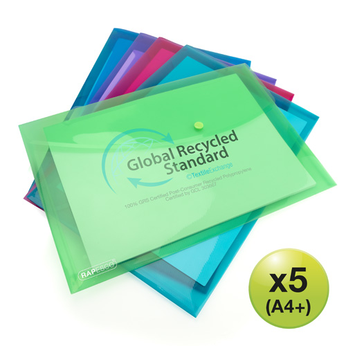 ECO GRS Recycled A4+ Popper Wallet - Assorted Bright Transparent - Pack of 5 - Image 6