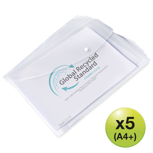 ECO GRS Recycled A4+ Popper Wallet - Clear - Pack of 5 - Image 4
