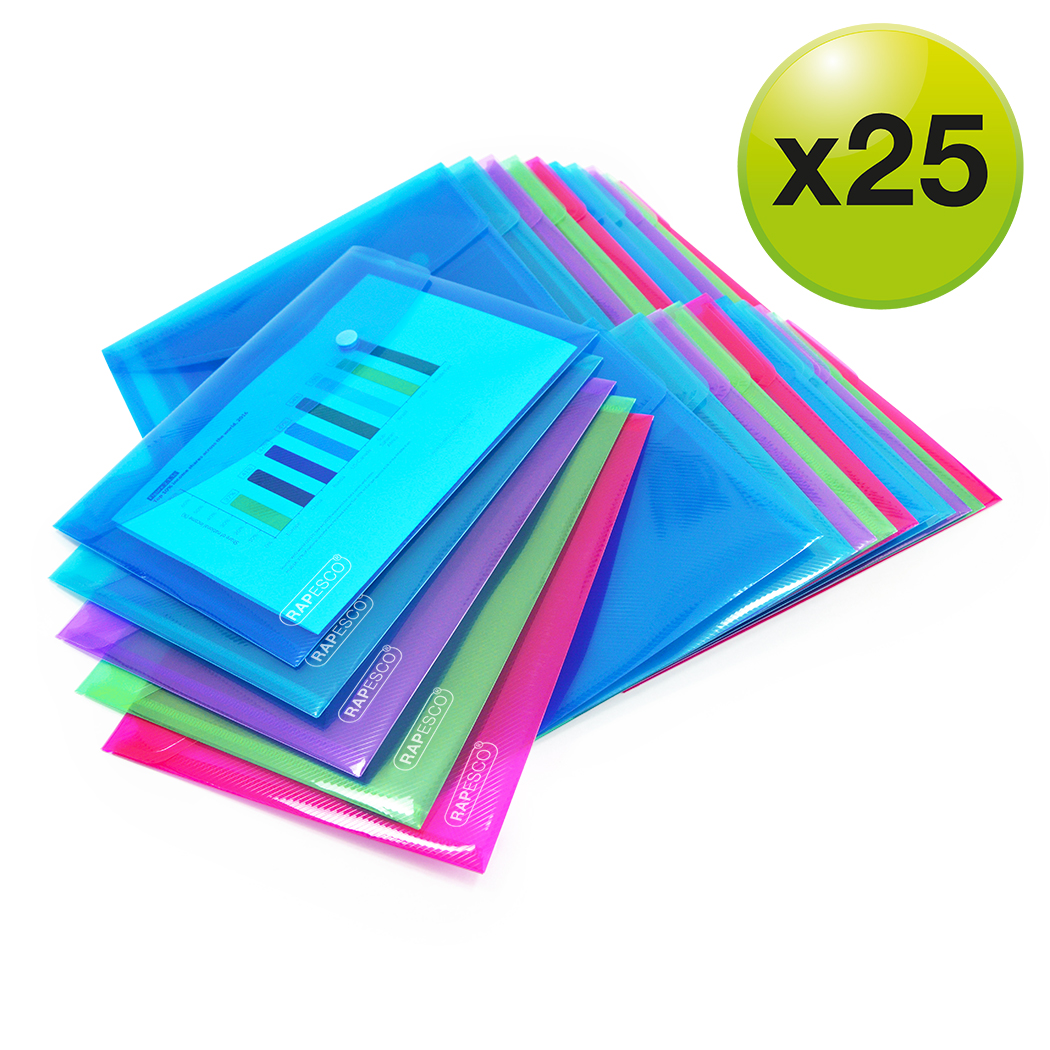 Rapesco 0689 A5 Plastic Popper Wallet Assorted Transparent Colours Pack of 5 